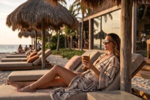 Woman relaxing on a beach lounge chair at a Tulum hotel.