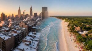 A composite of snow-covered Manhattan transitioning into the tropical coastline of Tulum, Mexico.