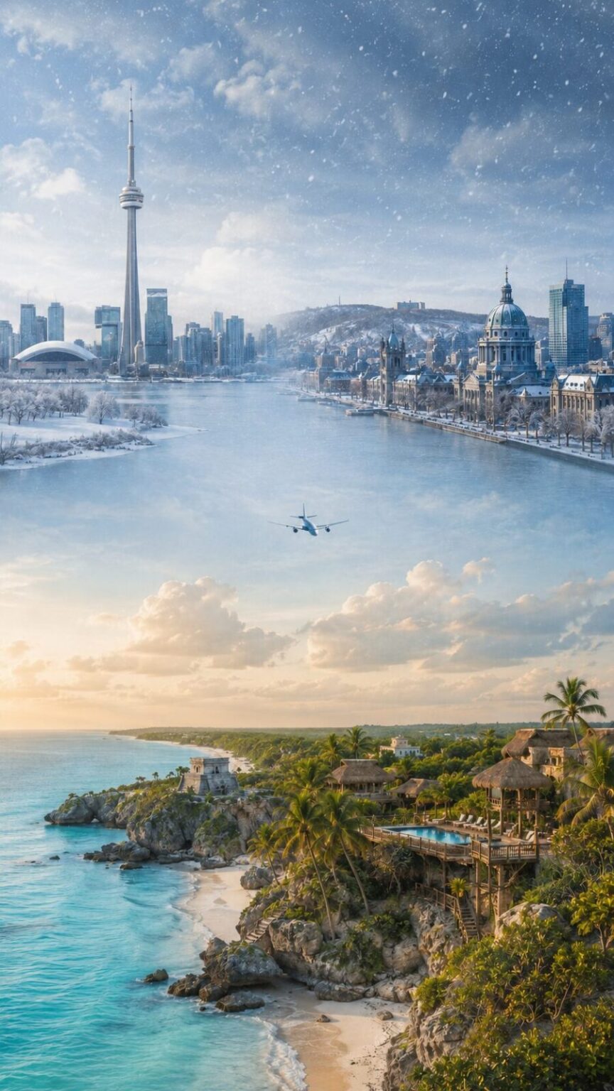 Snowy Toronto and Montréal skylines transitioning into the tropical coastline of Tulum, illustrating new nonstop winter flights.