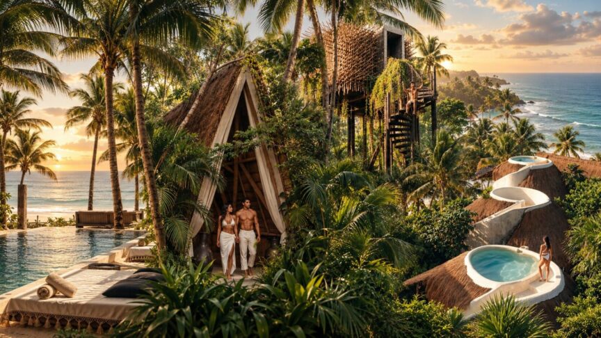 Luxury hotels and tropical resorts in Tulum surrounded by jungle, pools and Caribbean views