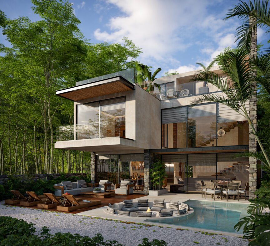 Architectural rendering of Casa Cinq in Tulum, featuring a pool, sunken fire pit lounge and jungle surroundings.